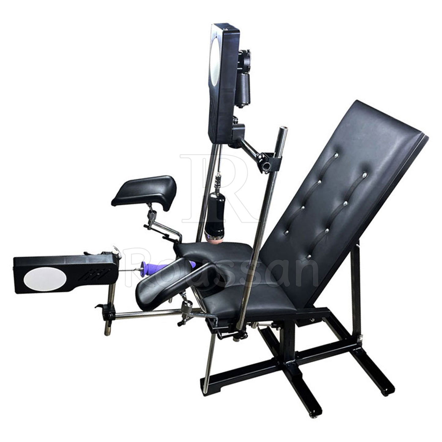 Obedience Chair with 2 Sex Machines, Seated Upright, Legs Spread