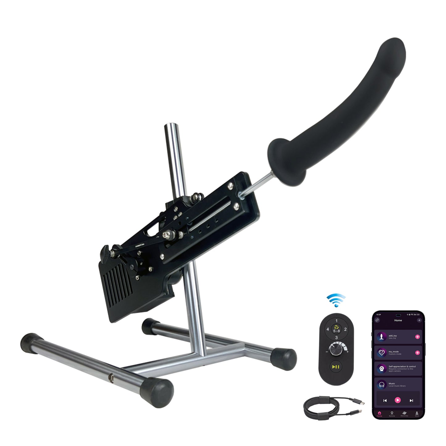 Roussan App Controlled Sex Machine Black Dragon with Wireless/Wired Control, 120-watt Motor, Silicone Dildo & Crystal Wand