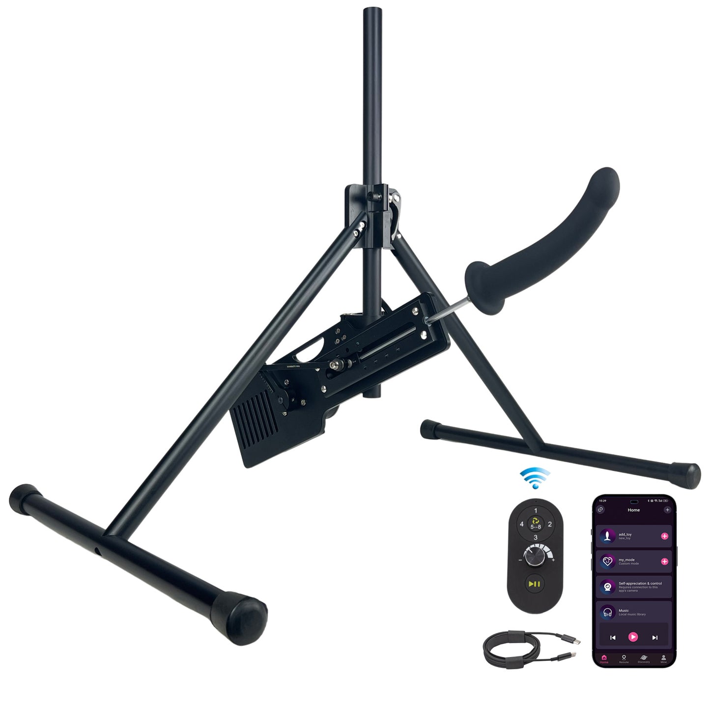 Roussan App Controlled Sex Machine Black Dragon with Wireless/Wired Control, 120-watt Motor, Silicone Dildo & Crystal Wand