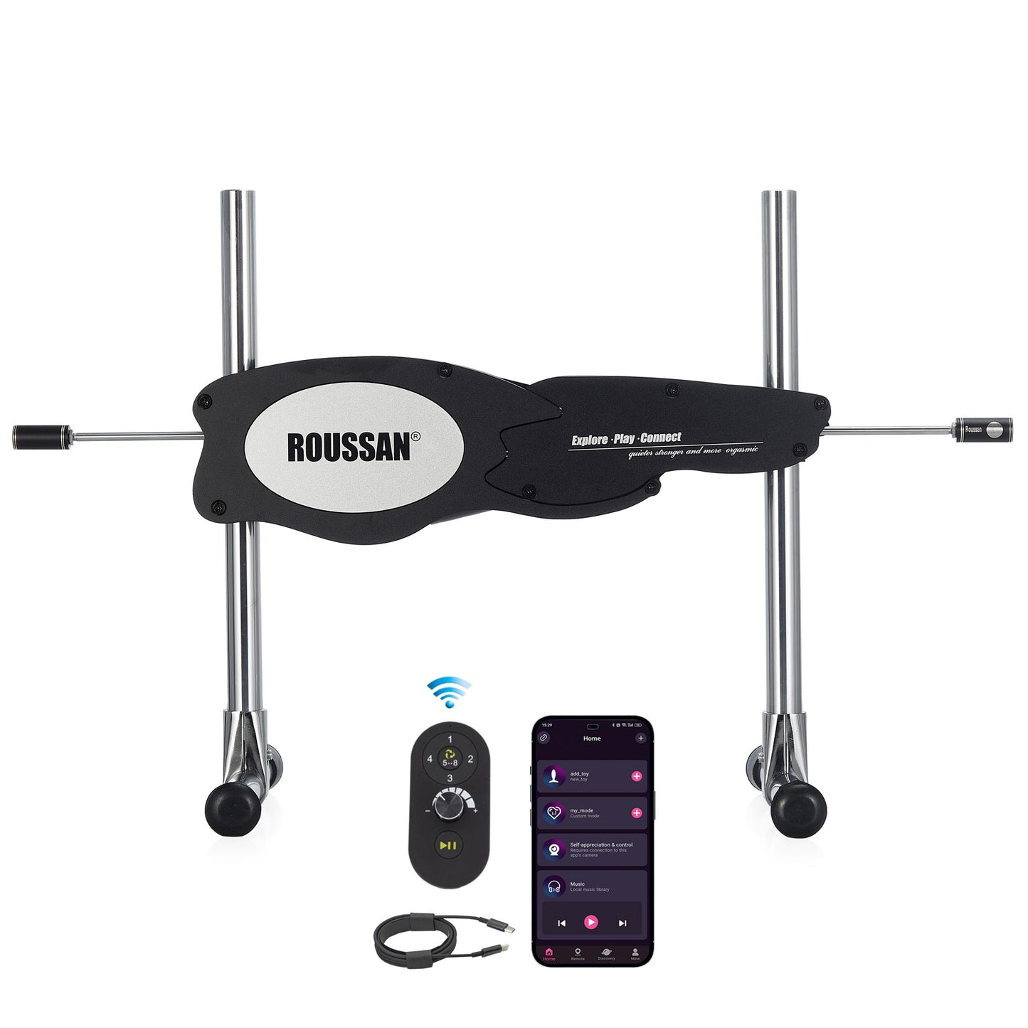 Roussan App Controlled Dual-ended Sex Machine RX-15 with Wireless/Wired Control, 120-watt Motor, Silicone Dildo & Crystal Wand