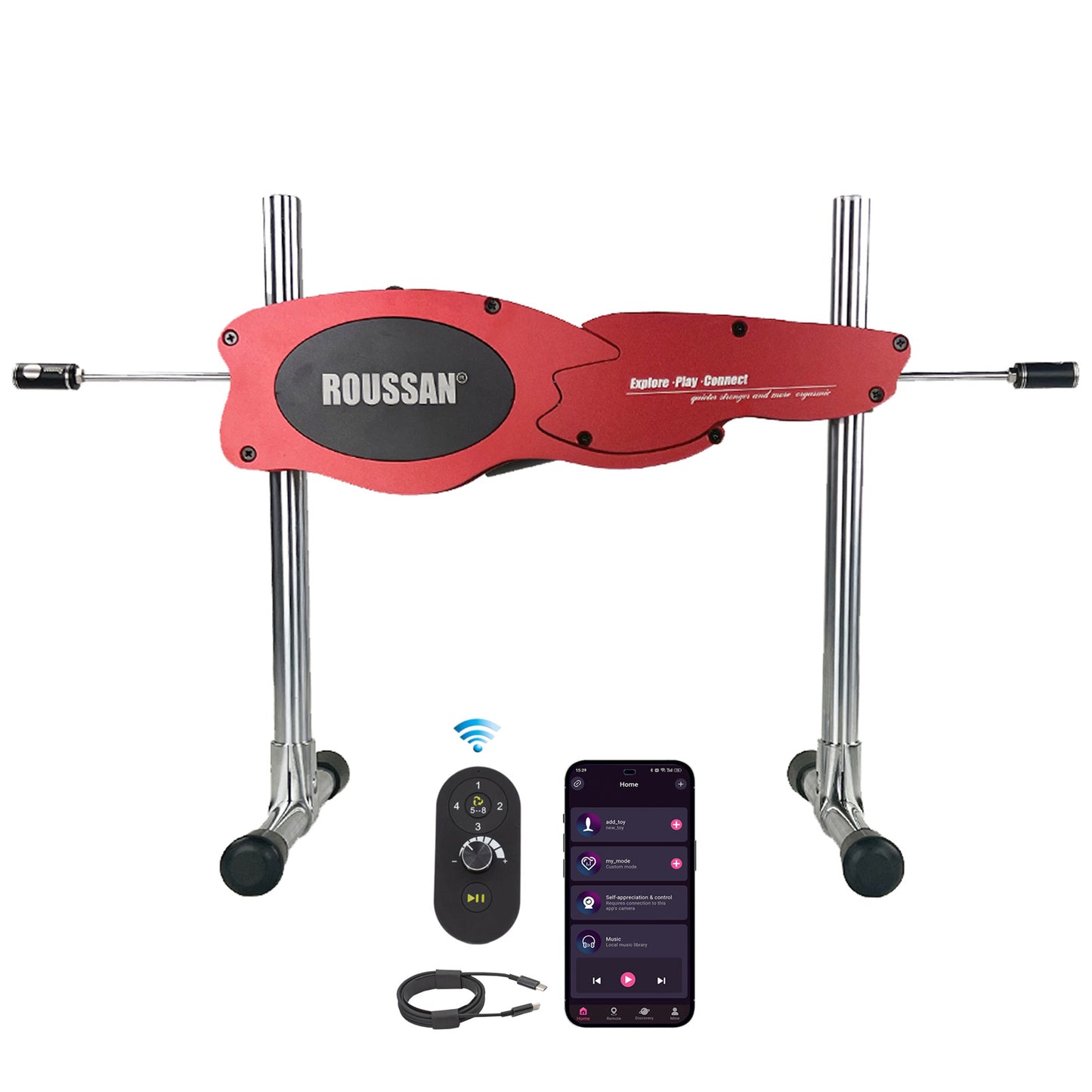 Roussan App Controlled Dual-ended Sex Machine RX-15 with Wireless/Wired Control, 120-watt Motor, Silicone Dildo & Crystal Wand