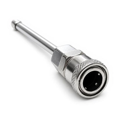 Close-up of metal extension rod with quick-connect female connector.
