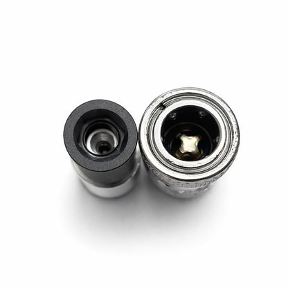R-Lock vs. Quick-Connect female connectors on flexible spring extensions, highlighting the different locking mechanisms.