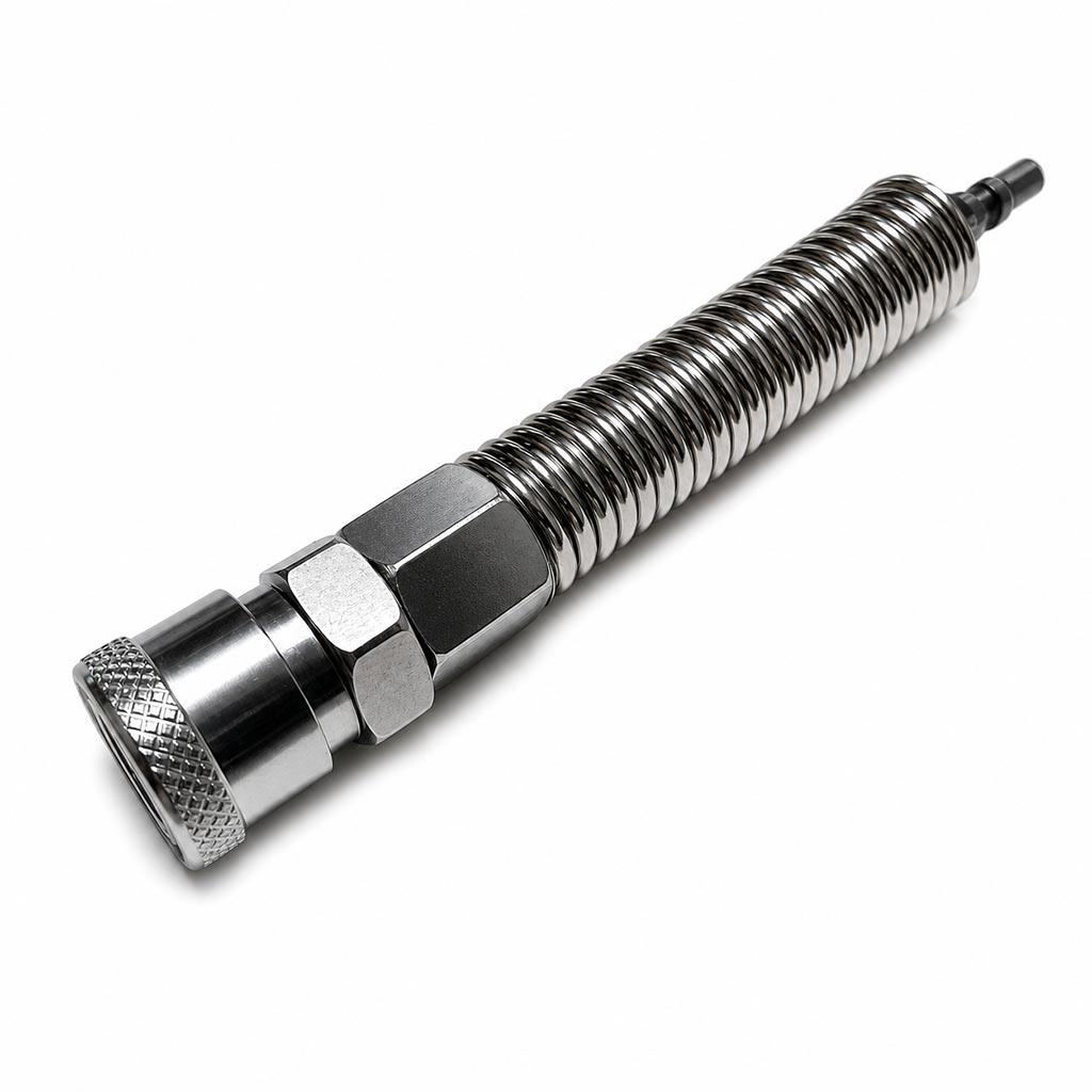 4.53-inch flexible spring extension, featuring a stainless steel quick-connect female connector.