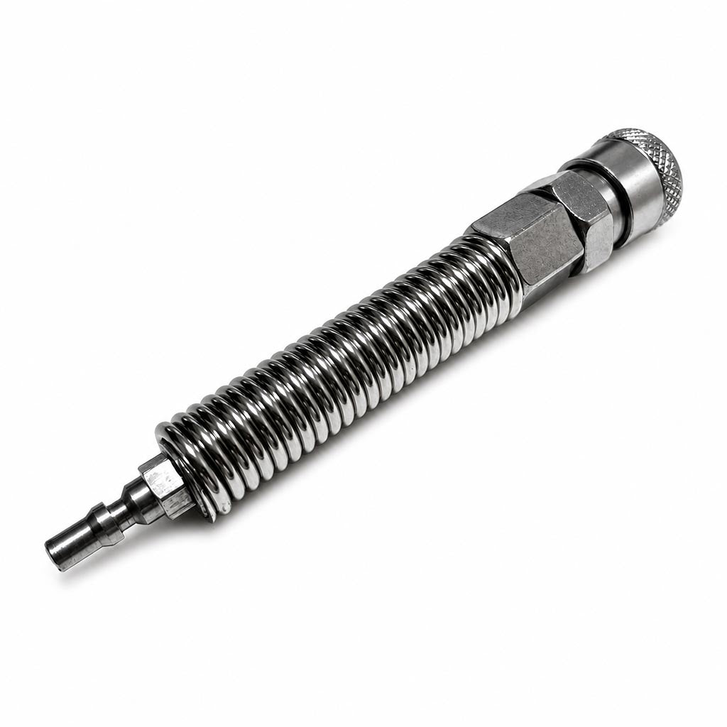 Flexible spring extension's R-Lock male connector with an anti-rotation hexagonal nut-like base.