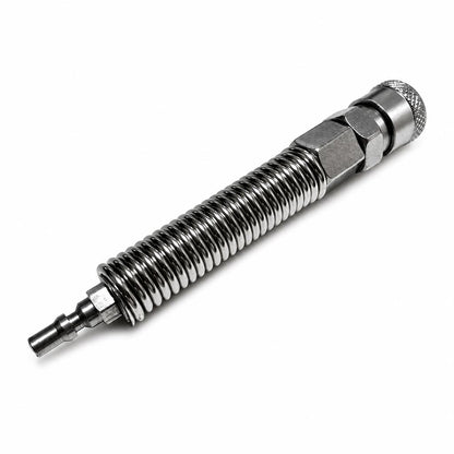 Flexible spring extension's R-Lock male connector with an anti-rotation hexagonal nut-like base.