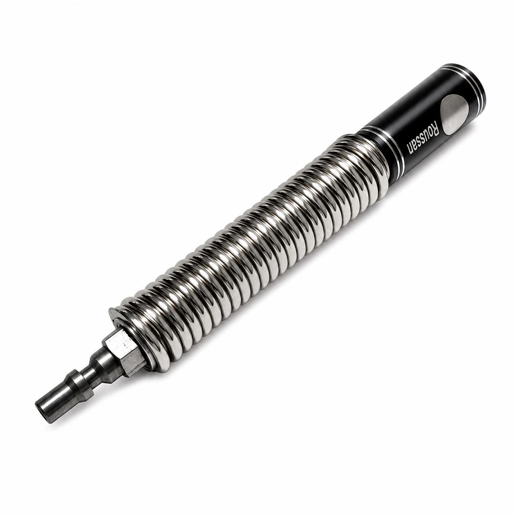 Flexible spring extension R-Lock male connector, featuring an anti-rotation hexagonal nut-like base.