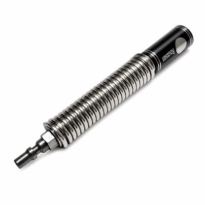 Flexible spring extension R-Lock male connector, featuring an anti-rotation hexagonal nut-like base.