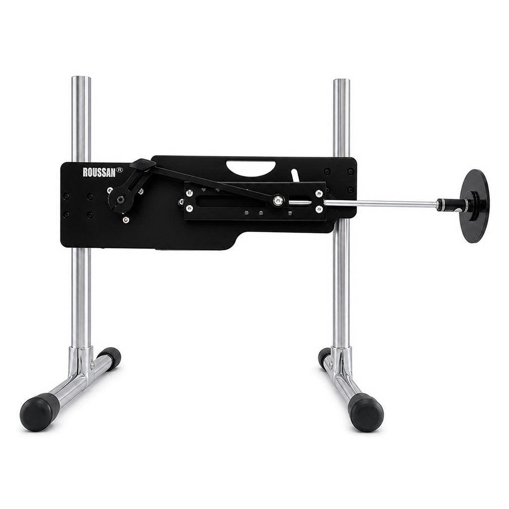 Metal suction cup adapter mounted on Roussan Elves sex machine via R-Lock connection system.