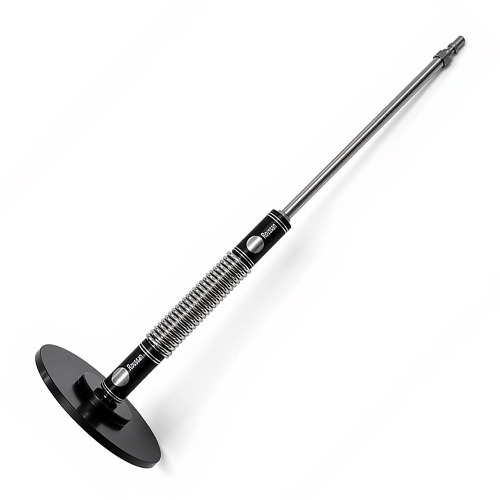 Roussan sex machine accessories—suction cup adapter, flexible spring, and extension rod attached together.