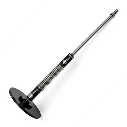 Roussan sex machine accessories—suction cup adapter, flexible spring, and extension rod attached together.
