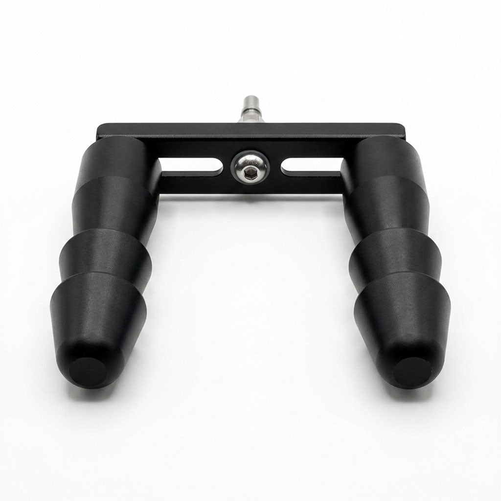 Front view of Vac-U-Lock doubler adapter with two parallel tiered tapered bodies.