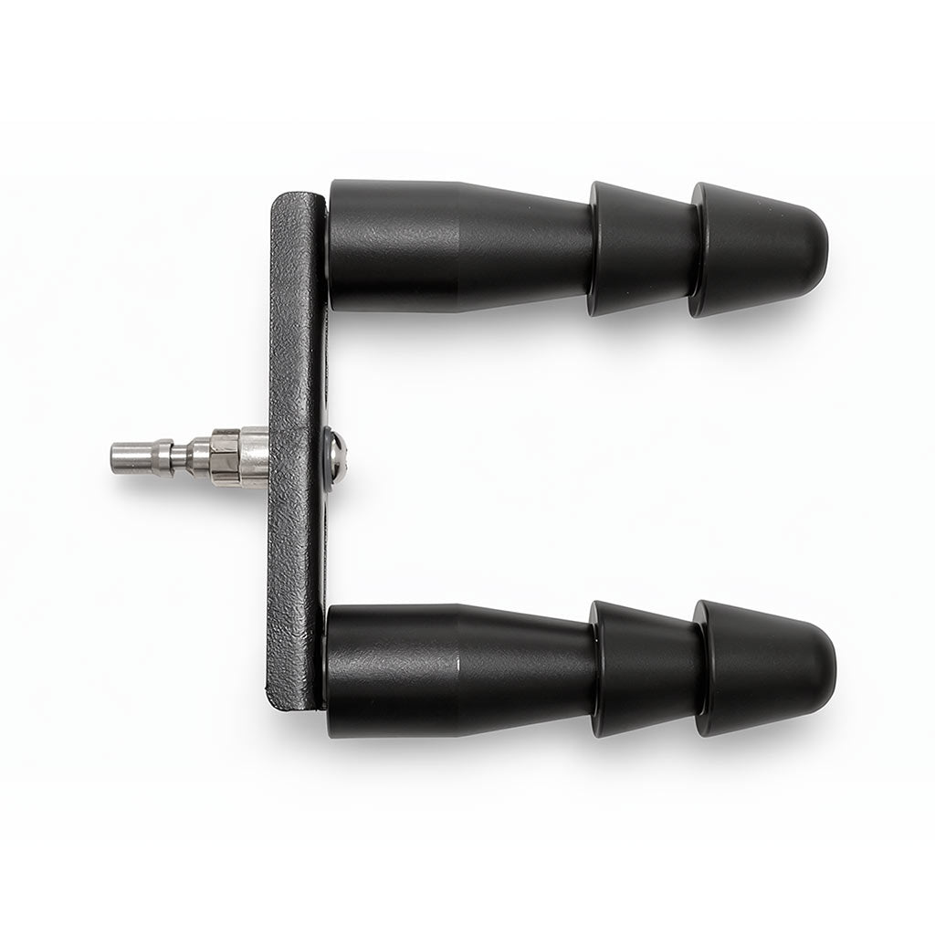 Vac-U-Lock doubler adapter with metal R-Lock male connector and two parallel tapered bodies featuring tiered ridges.