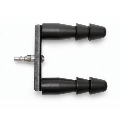 Vac-U-Lock doubler adapter with metal R-Lock male connector and two parallel tapered bodies featuring tiered ridges.