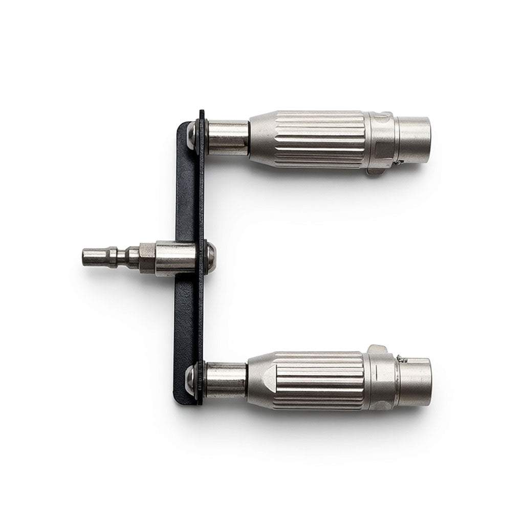 Rear view of 3XLR doubler adapter showing three screws on a bracket with an R-Lock connector.