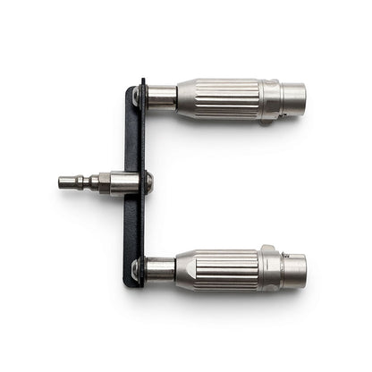 Rear view of 3XLR doubler adapter showing three screws on a bracket with an R-Lock connector.