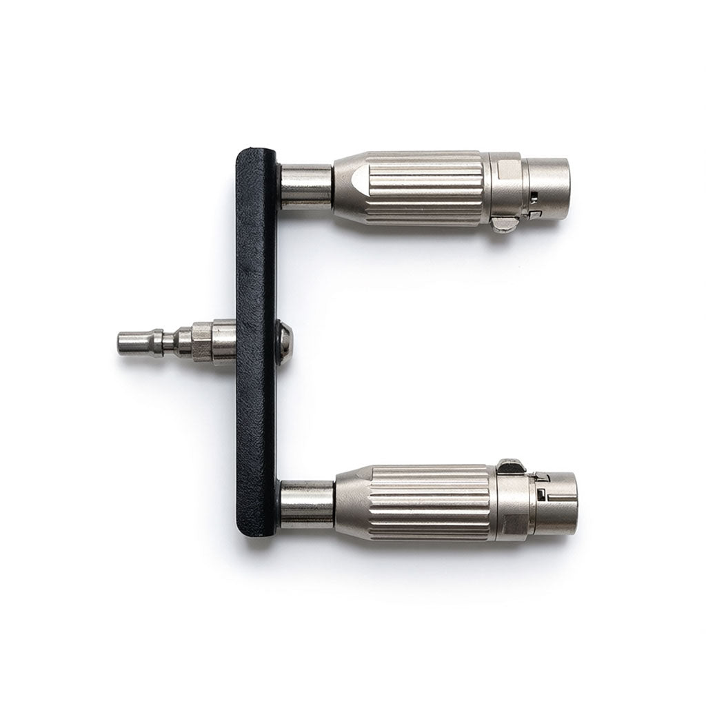 3XLR doubler adapter featuring 2 3-pin XLR-style connector and a R-Lock male connector with a hexagonal nut-like base.