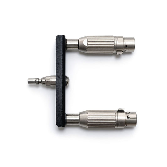 3XLR doubler adapter featuring 2 3-pin XLR-style connector and a R-Lock male connector with a hexagonal nut-like base.